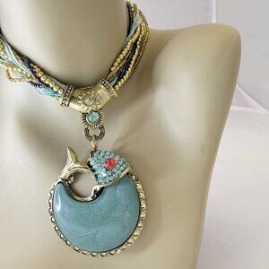 Statement Choker Pendant Necklace Fashion Gemstone Blue Fish Pendant